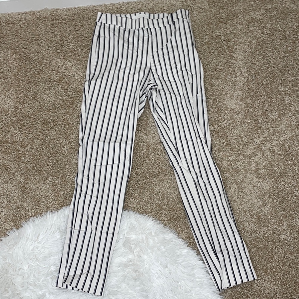 White and navy striped pants